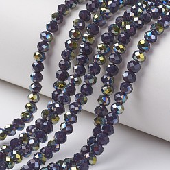 Dark Slate Blue Electroplate Opaque Glass Beads Strands, Half Green Plated, Faceted, Rondelle, DarkSlate Blue, 4x3mm, Hole: 0.4mm, about 123~127pcs/strand, 16.5~16.9 inch(42~43cm)