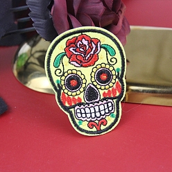 Light Yellow Sugar Skull Computerized Embroidery Style Cloth Iron on/Sew on Patches, Appliques, Badges, for Clothes, Dress, Hat, Jeans, DIY Decorations, for Mexico Day of the Dead, Light Yellow, 73x54mm
