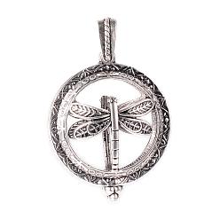 Antique Silver Alloy Diffuser Locket Pendants, with Magnetic, Flat Round with Dragonfly, Antique Silver, 43x35x16mm, Hole: 7x4mm