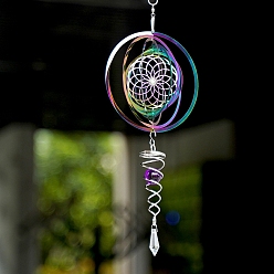 Flower Metal 3D Wind Spinner, with Glass Beads, for Outdoor Courtyard Garden Hanging Decoration, Rainbow Color, Flower, 150mm
