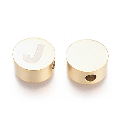 Letter J 304 Stainless Steel Beads, Flat Round with Letter, Letter.J, 10x4.5mm, Hole: 2mm