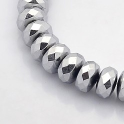 Platinum Plated Electroplate Non-magnetic Synthetic Hematite Beads Strands, Faceted Rondelle, Platinum Plated, 10x6mm, Hole: 1mm, about 67pcs/strand, 15.7 inch