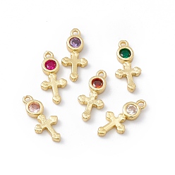 Mixed Color Brass Micro Pave Cubic Zirconia Pendants, Real 18K Gold Plated, Cross, Mixed Color, 12x5.5x1.5mm, Hole: 0.9mm