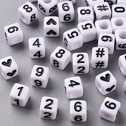 White Opaque White Acrylic Beads, Cube with Black Number & Heart, White, 6x6x6mm, Hole: 3.5mm, about 3000pcs/500g