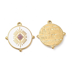 Light Rose Vacuum Plating 201 Stainless Steel Enamel Pendants, with Rhinestones, Real 18K Gold Plated, Flat Round Charm, Light Rose, 24.5x23x2.5mm, Hole: 1.4mm