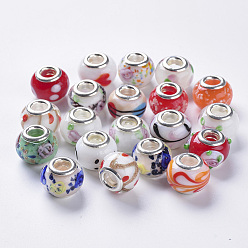 Mixed Color Mixed Styles Handmade Lampwork European Beads, Large Hole Beads, with Silver Color Plated Brass Double Cores, Rondelle, Mixed Color, 14x11mm, Hole: 5mm
