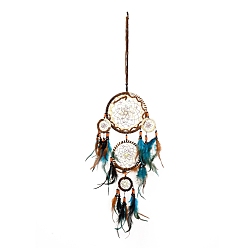 Coloré Web / filet tissé en ABS de style indien avec des décorations de pendentifs en plumes, avec des perles en bois et en plastique, recouvert de villosités et cordon de nylon, plat rond, colorées, 815mm