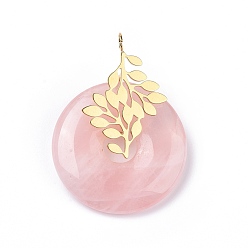 Rose Quartz Natural Rose Quartz Pendants, with Ion Plating(IP) Golden Color Tone 304 Stainless Steel Findings, Leaf with Donut/Pi Disc Charm, 37~38x30x10~11mm, Hole: 3mm