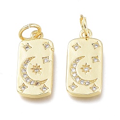 Real 18K Gold Plated Brass Micro Pave Clear Cubic Zirconia Charms, with Jump Ring, Long-Lasting Plated, Rectangle with Star & Moon, Real 18K Gold Plated, 14x7.5x1.5mm, Jump Ring: 5x0.7mm, 3.6mm Inner Diameter