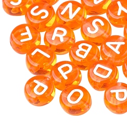 Dark Orange Transparent Acrylic Beads, Flat Round with White Mixed Letters, Dark Orange, 7x4mm, Hole: 1.5mm, about 1480pcs/200g