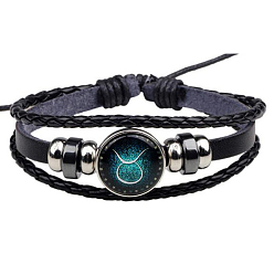 Taurus Constellation Glass Link Multi-strand Bracelet, PU Leather Braided Triple Layer Gothic Bracelet for Men Women, Taurus, 7-1/8~9-7/8 inch(18~25cm)