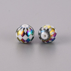 Multi-color Plated Electroplate Glass Beads, Round with Grid Pattern, Multi-color Plated, 10mm, Hole: 1.2mm