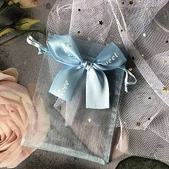 Bleu Ciel Foncé Rectangle organza sacs à cordon, pochettes de rangement cadeau bowknot, bleu profond du ciel, 12x9 cm