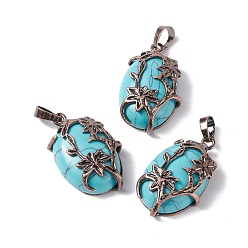 Synthetic Turquoise Synthetic Turquois Pendants, with Red Copper Tone Brass Findings, Cadmium Free & Lead Free, Oval with Flower Charm, 33x20x9mm, Hole: 5x8mm
