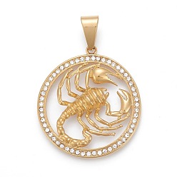 Golden 304 Stainless Steel Pendants, with Crystal Rhinestone, Ring with Scorpion, Golden, 44.5x40x5mm, Hole: 6.5x12mm