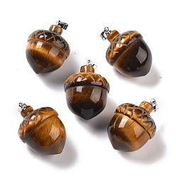Tiger Eye Natural Tiger Eye Pendants, with Rack Plating Brass Findings, Cadmium Free & Lead Free, Real Platinum Plated, Acorns, 29x20~21mm, Clasp: 5x4mm