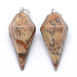 Picture Jasper Natural Picture Jasper Pointed Pendants, with Brass Findings, Bullet, Platinum, 38.5x16x14.5mm, Hole: 5x8mm