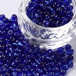 Azul 12/0 perlas de cristal de la semilla, plata forrada agujero redondo, rondo, azul, 2 mm, agujero: 1 mm, sobre 30000 perlas / libra