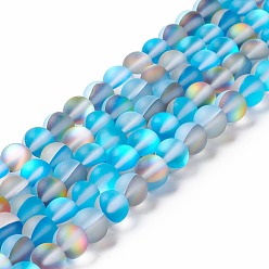 Deep Sky Blue Synthetic Moonstone Beads Strands, Frosted, Round, Deep Sky Blue, 8mm, Hole: 1mm, about 43~47pcs/strand, 14.37''~15.08''(36.5~38.3cm)