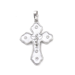 White Eco-friendly Rack Plating Brass Micro Pave Cubic Zirconia Pendants, with Enamel, Cadmium Free & Lead Free, Long-Lasting Plated, Platinum, Religion Cross with Angel Charm, White, 32.5x22.5x2.5mm, Hole: 3.5x6mm