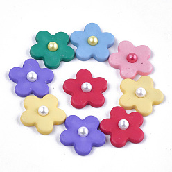Mixed Color Acrylic Cabochons, with ABS Plastic Imitation Pearl, Frosted, Flower, Mixed Color, 25x26x7mm