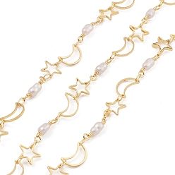 Real 18K Gold Plated Brass Hollow Moon & Star Link Chains, with ABS Plastic Pearl Beaded, Unwelded, with Spool, Real 18K Gold Plated, 12.5x6x0.5mm, 12x7.5x0.5mm, 13x3~4mm