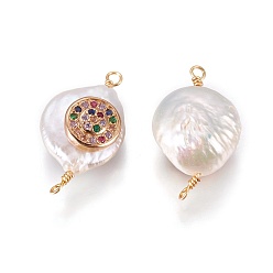 Coloré Connecteurs de liens de perles naturelles, avec les accessoires de zircone et en laiton cubes, plat rond, or, colorées, 22~25x13~15x7~10mm, Trou: 1.6mm