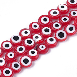 Red Handmade Evil Eye Lampwork Beads Strands, Flat Round, Red, 7.5~8x3~4mm, Hole: 1mm, about 48pcs/strand, 13.7 inch~14.9 inch