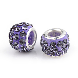 Tanzanite Polymer Clay Rhinestone European Beads, Large Hole Beads, Rondelle, with Silver Color Plated Brass Cores, Tanzanite, 10~12x7~8mm, Hole: 5mm