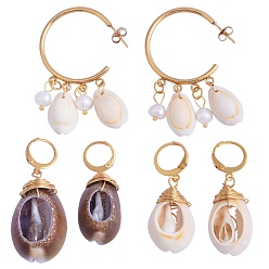 Golden 3 Pairs 3 Style 304 Stainless Steel Dangle Earrings, with Natural Cowrie Shell Beads and Pearl Beads, Golden, 1pair/style