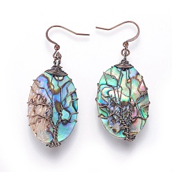 Red Copper Abalone Shell/Paua Shell Dangle Earrings, with Brass Earring Hooks, Oval with Tree, Red Copper, 55.5~57.5mm, Pin: 0.6mm