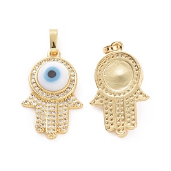 White Brass Micro Pave Cubic Zirconia Pendants, with Handmade Evil Eye Lampwork, Hamsa Hand Charm, Real 18K Gold Plated, White, 25x16x5mm, Hole: 4x6.5mm
