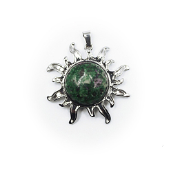 Ruby in Zoisite Natural Ruby in Zoisite Pendants, Sun Charms, with Platinum Plated Alloy Findings, 39x39mm