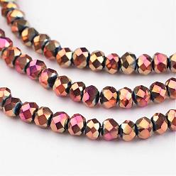 Rose Gold Plated Electroplate Glass Beads Strands, Faceted Rondelle, Rose Gold Plated, 4x3mm, Hole: 1mm, about 146pcs/strand, 18.8 inch