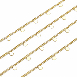 Real 18K Gold Plated Handmade Brass Curb Chains, with Flat Round Charms and Spool, Soldered, Long-Lasting Plated, Real 18K Gold Plated, Link: 2x2x1mm, Flat Round: 4x3x0.5mm, about 32.8 Feet(10m)/roll
