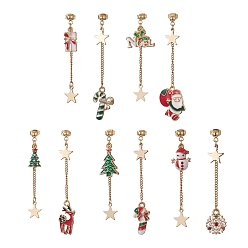 Mixed Color Christmas Theme Alloy Enamel Asymmetrical Earrings, Golden 304 Stainless Steel Dangle Stud Earrings for Women, Mixed Shape, Mixed Color, 56~57mm, Pin: 0.8mm