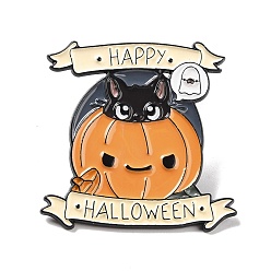 Orange Joyeux halloween mot émail broche, citrouille avec badge en alliage de chat pour vêtements de sac à dos, électrophorèse noir, orange, 34.5x34.5x1.5mm, pin: 1 mm