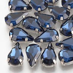 Bleu De Prusse Coudre sur strass, liens multi-brins, strass de verre, avec griffes en laiton, accessoires de vêtements, facette, larme, platine, null, 8x5.5x4mm, Trou: 0.8~1mm