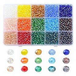 Couleur Mélangete 3000 pcs 15 couleurs galvanoplastie perles de verre brins, de couleur plaquée ab , facette, abaque, couleur mixte, 4x3mm, Trou: 0.4mm, 200 pcs / couleur