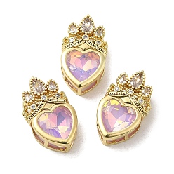 Pink Rack Plating Brass Cubic Zirconia Pendants, with Resin, Long-Lasting Plated, Lead Free & Cadmium Free, Real 18K Gold Plated, Heart, Pink, 21.5x13x8mm, Hole: 6x3mm and 4.5x3mm