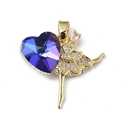 Steel Blue Real 18K Gold Plated Rack Plating Brass Micro Pave Clear Cubic Zirconia Pendants, with Glass, Long-Lasting Plated, Cadmium Free & Lead Free, Dancer with Heart Charm, Steel Blue, 23x24.5x8.2mm, Hole: 5x3.2mm