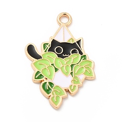Green Yellow Alloy Enamel Pendants, Light Gold, Potted with Cat Charm, Green Yellow, 27.5x18.5x1mm, Hole: 2mm