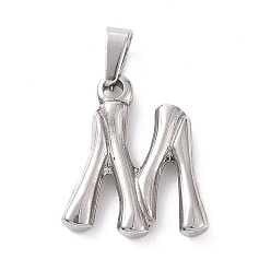 Letter M 304 Stainless Steel Pendants, Bamboo Style, Stainless Steel Color, Letter.M, 19x16x3mm, Hole: 3x7mm