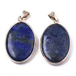 Lapis Lazuli Natural Lapis Lazuli Pendants, with Light Gold Plated Brass Edge and Snap on Bail, Oval, 35~36x21.5x6.5mm, Hole: 6x4mm