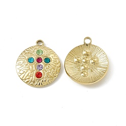 Real 18K Gold Plated Vacuum Plating 201 Stainless Steel Pendants, Colorful Rhinestone Flat Round with Cross Charms, Real 18K Gold Plated, 22x19x3mm, Hole: 2mm