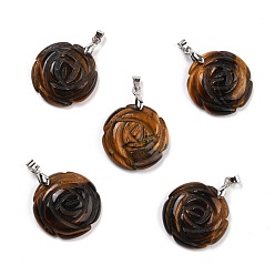 Tiger Eye Natural Tiger Eye Pendants, with Platinum Tone Brass Findings, Flat Round with Rose Pattern, 32x25x8mm
