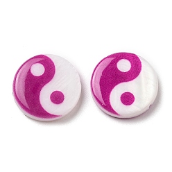 Deep Pink Printed Natural Freshwater Shell Beads, Yin Yang Flat Round Beads, Deep Pink, 15x3~3.5mm, Hole: 0.7mm