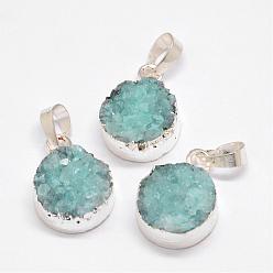 Aqua Electroplated Natural & Dyed Druzy Agate Pendants, with Silver Color Plated Brass Findings, Flat Round, Aqua, 18.5~21x14x8~10mm, Hole: 7.5x5mm