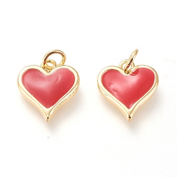 Red Real 18K Gold Plated Brass Charms, with Enamel and Jump Rings, Long-Lasting Plated, Heart, Red, 14x13x2.8mm, Jump Ring: 5x1mm, 3mm Inner Diameter