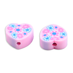 Pearl Pink Handmade Polymer Clay Beads, Heart with Flower, Pearl Pink, 9x10x4.5mm, Hole: 1.2mm
